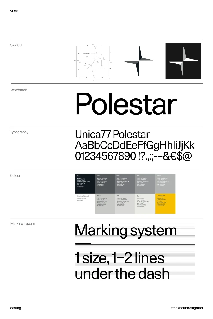 Planche d'identité Polestar : symbole, wordmark, typographie, couleurs